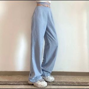 Baby blue pinstripe pants with tie detail